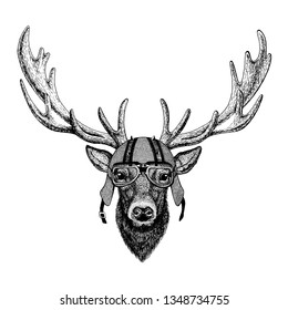 Deer wearing a motorcycle, aero helmet. Hand drawn image for tattoo, t-shirt, emblem, badge, logo, patch.