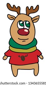 A deer wearing a red tshirt and two scarves vector color drawing or illustration