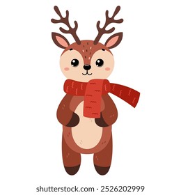 Deer wearing warm scarf. Сute winter forest animal, isolated on white background. Flat vector illustration. Winter and autumn design, cold weather emoticon sticker.