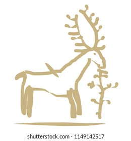 Deer which has been  shot by arrow by lateral part. Eating small tree. Looks like ancient art.