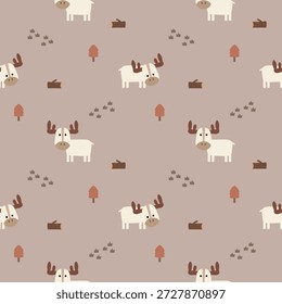 Deer white cartoon so cute. On tree log grass background. Pattern seamless vector illustration. 