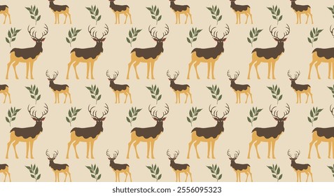 Deer wild animal forest fauna seamless pattern. Floral textures for backgrounds, wallpapers, textiles and fashion.