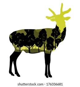 Deer wild animal silhouette in nature forest landscape abstract background illustration vector