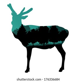 Deer wild animal silhouette in nature forest landscape abstract background illustration vector