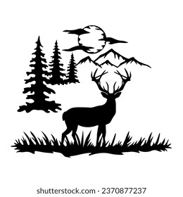 Deer in the Wild, Elk in the Forest and Mountain, Wildlife, Hand Drawn Vector Illustration