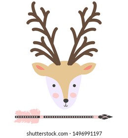 deer Wild and free, cute poster design. Decorative illustration. Animal, arrows