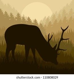 Deer in wild nature forest landscape background illustration vector