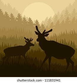 Deer in wild nature forest landscape background illustration vector