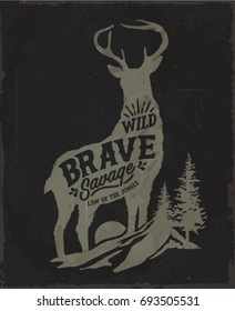 Deer. Wild deer. Vintage illustration typography t-shirt printing.