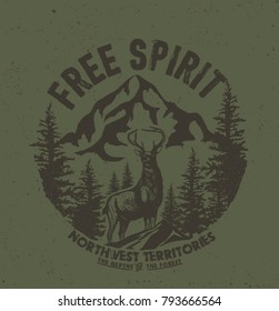 Deer. Wild deer. Vintage illustration typography t-shirt printing.