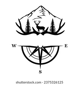Deer, Wilderness and Compass, Hand Drawn Vector Illustration