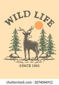 deer wildlife retro print illustration