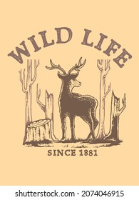deer wildlife retro print illustration