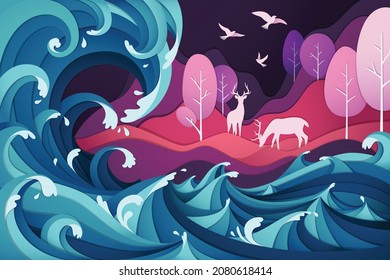 Deer wildlife with vector papercut style of rushing wave