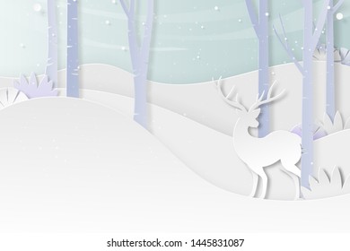 Deer wildlife and winter season nature landscape background paper art style.Vector illustration.