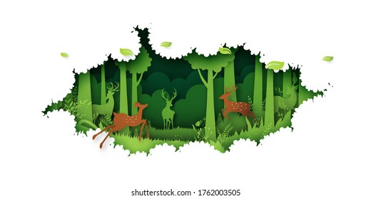 Deer willlife in en la jungla verde selva tropical selva naturaleza paisaje de fondo estilo de arte.Ilustración vectorial.