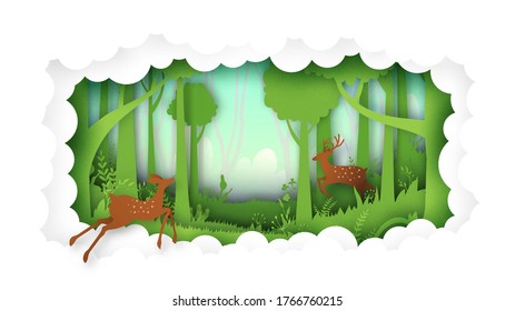 Deer willdlife in green jungle tropical rain forest nature landscape and cloud paper art background.Vector illustration.