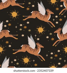 Deer with wings, fairy tale characters. Stars, night. Seamless pattern. Vector illustration