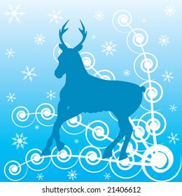 Deer and winter blue background with white ornament and snowflakes.