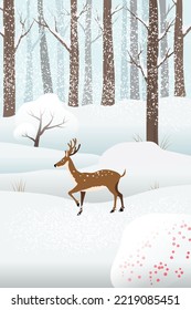 Deer in the winter forest. Winter card. Winter landscape.