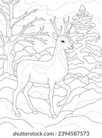 Deer in the winter forest. Coloring book for adults and children.