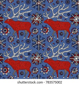 Deer in winter forest, decorative Christmas pattern.