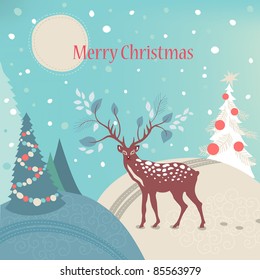 Deer in winter forest. Greeting card.
