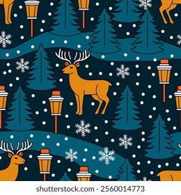 deer in winter forest on snowflakes background