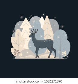 Deer in  winter forest, postcard, congratulation, banner, holiday, winter, snow, nature, drawing on  dark blue background, vector illustration