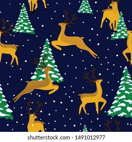 Deer in winter forest. Seamless pattern with hand drawn design for Christmas, New Year greeting cards. Print for kids fabric. 