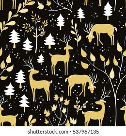 Deer in winter forest. Seamless pattern with hand drawn design for Christmas and New Year greeting cards, fabric, wrapping paper. 