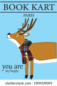 deer winter Happy christmas card with a cute lover wearing a winter scarf. vector illustration 
