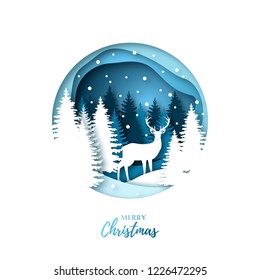 Deer in winter night forest. Paper cut  style. Origami illustration. Christmas design. Vector illustration. 