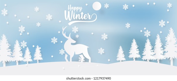 deer winter paper art illustration christmas day