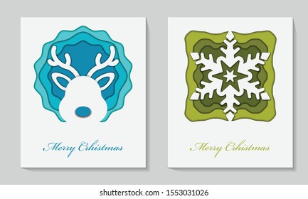 Deer And Winter Paper cut Poster background template vector illustration.
