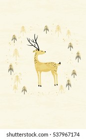 Deer in winter pine forest holiday card. Hand drawn design for Christmas and New Year