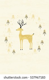 Deer in winter pine forest holiday card. Hand drawn design for Christmas and New Year