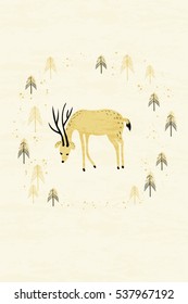 Deer in winter pine forest holiday card. Hand drawn design for Christmas and New Year