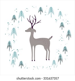 Deer in winter pine forest isolated on white. Hand drawn design for Christmas and New Year greeting cards, fabric, wrapping paper, invitation, stationery. 