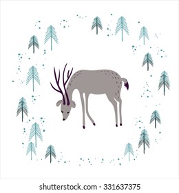 Deer in winter pine forest isolated on white. Hand drawn design for Christmas and New Year greeting cards, fabric, wrapping paper, invitation, stationery. 