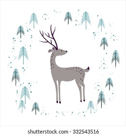 Deer in winter pine forest isolated on white. Hand drawn design for Christmas and New Year greeting cards, fabric, wrapping paper, invitation, stationery. 