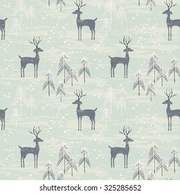 Deer in winter pine forest. Seamless pattern with hand drawn design for Christmas and New Year greeting cards, fabric, wrapping paper, invitation, stationery.