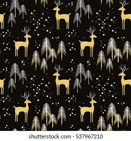 Deer in winter pine forest. Seamless pattern with hand drawn design for Christmas and New Year greeting cards, fabric, wrapping paper.