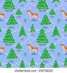 Deer in the winter pine forest. Vector seamless pattern.