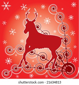 Deer and winter red background with white ornament and snowflakes.