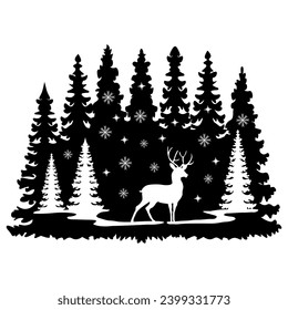 Deer, Winter Scene , Hand Drawn Vector Illustration
