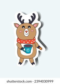 Deer of winter set in sticker design. Christmas spirit is creating by adorning space with a colorful sticker depicting an endearing and cute holiday deer. Vector illustration.