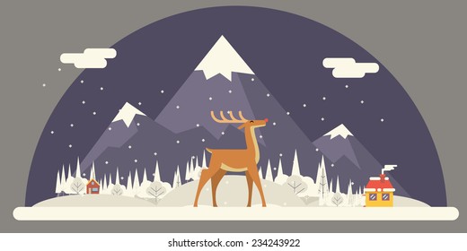 Deer Winter Snow Countryside Landscape City Village Real Estate New Year Christmas Night and Day Background Modern Flat Design Icon Template Vector Illustration