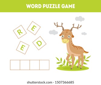 Deer, Word Puzzle Game, Educational Game for Preschool Kids, Place the Letters in Right Order Vector Illustration