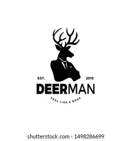 Deer worker man logo silhouette with head of elk moose head and human body. unique cool design. wear suit coat, tie like a boss.